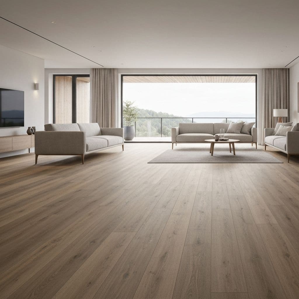 Warm modern living room with wood-look flooring