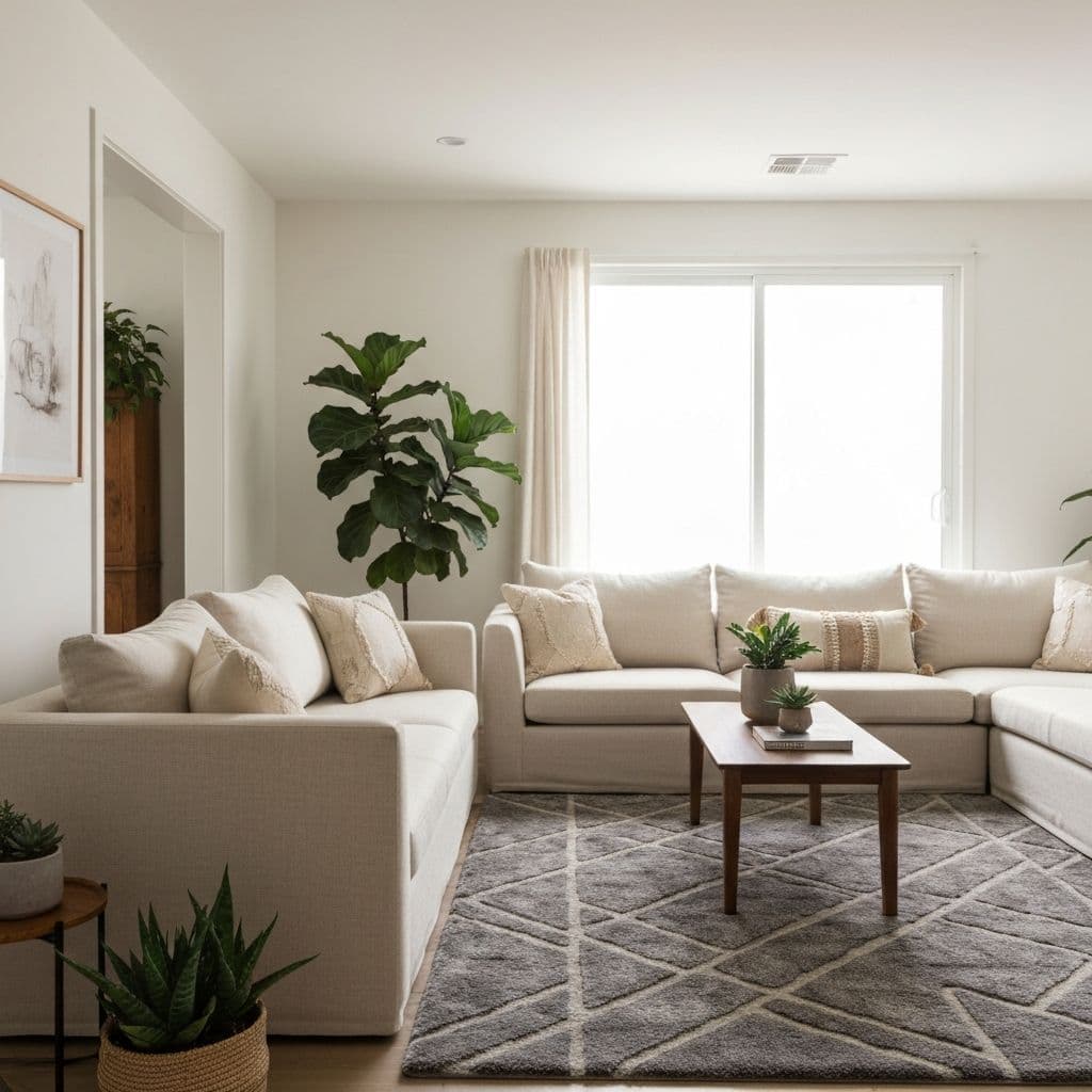 Neutral linen sofa styled in a warm living room