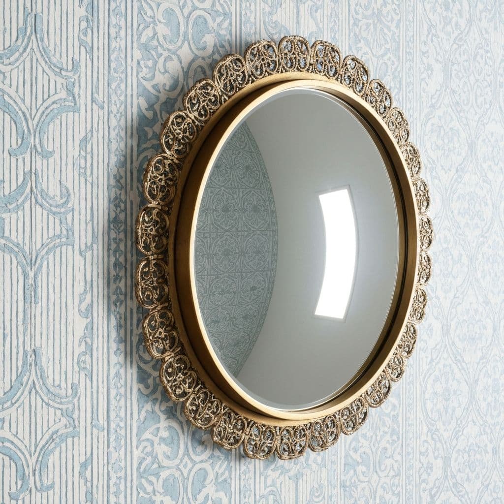 Gold framed round convex mirror