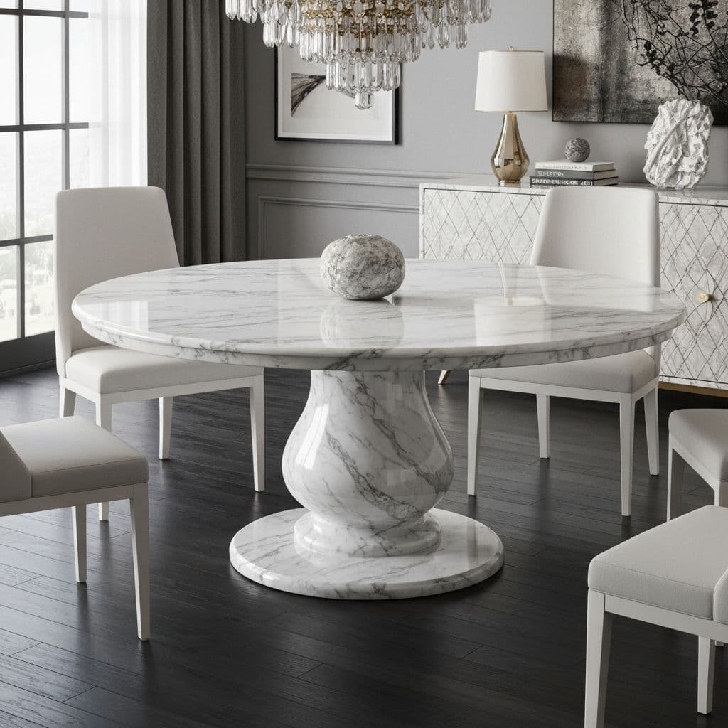 Marble round dining table with modern chairs