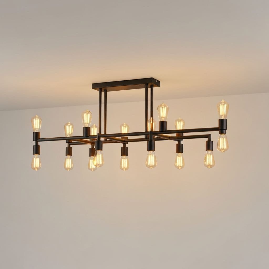 Matte black linear chandelier over a dining table