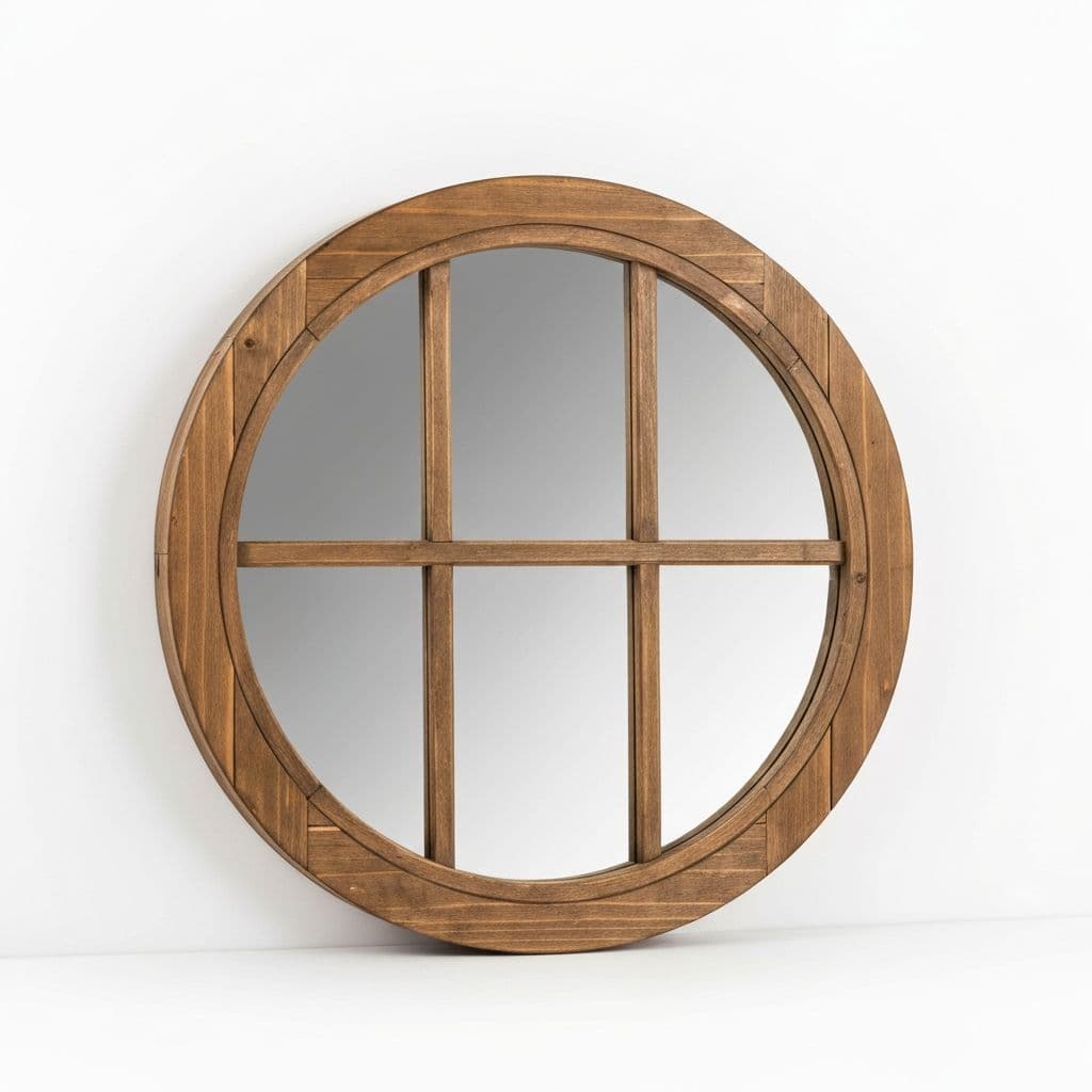 Round wooden window-pane mirror