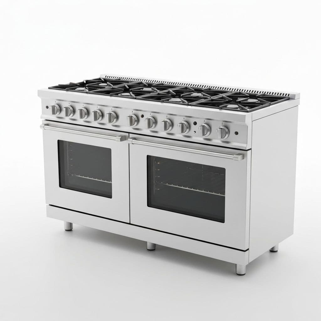 Stainless gas range in a white kitchen