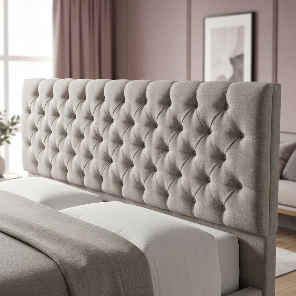 Tufted linen headboard in a styled bedroom