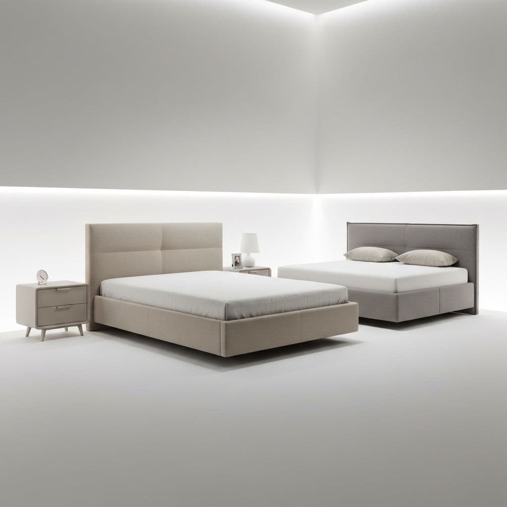 Upholstered platform bed in a calm bedroom